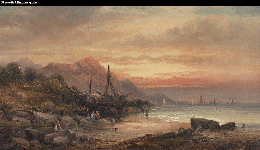 William Tomkins Coastal scene with islet and fishing folk